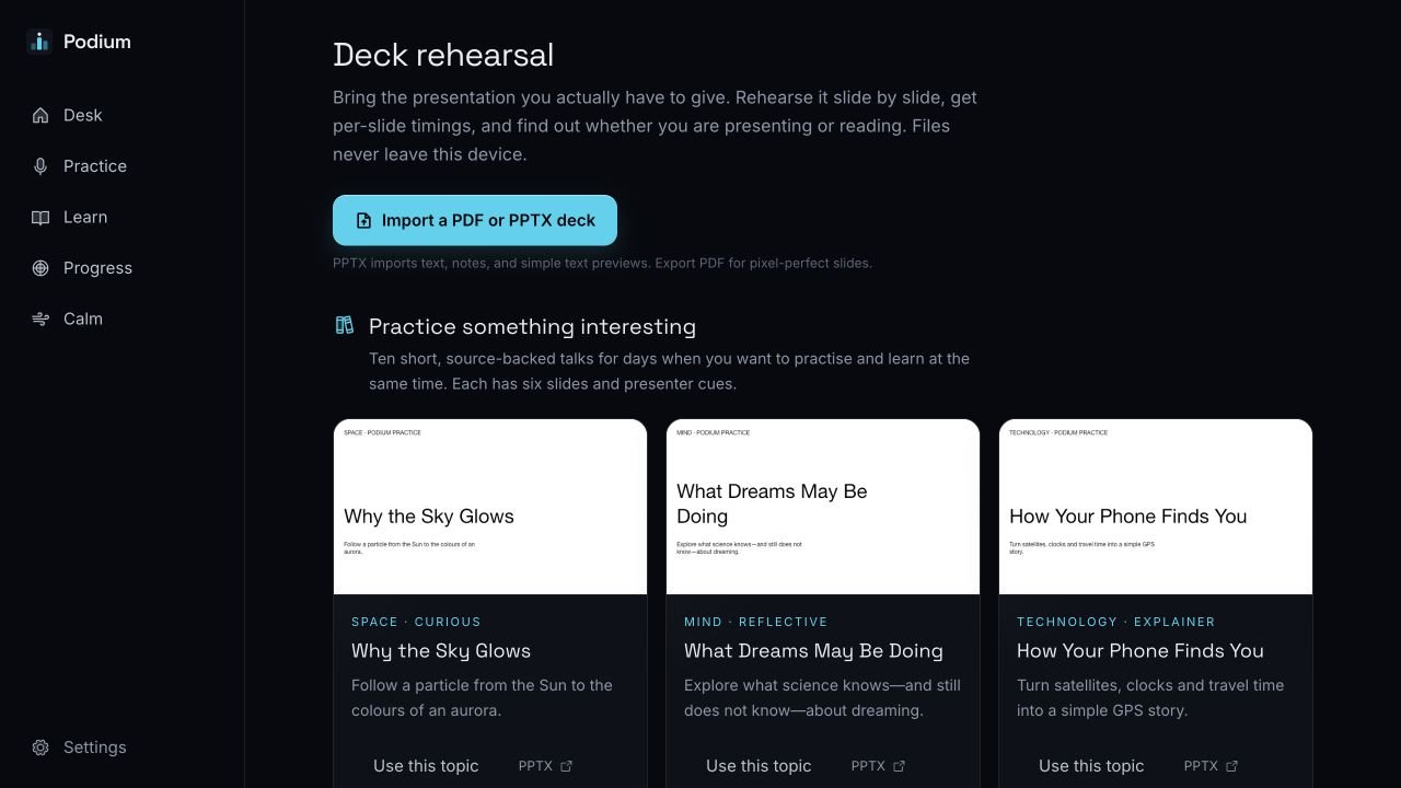 The Podium deck rehearsal library with presentation topics and an import button